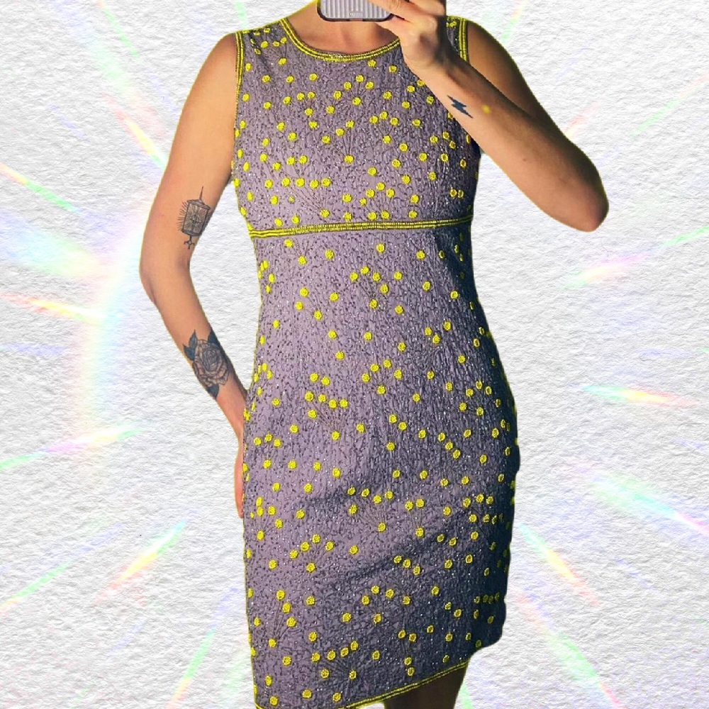 French Connection Purple and Yellow Beaded Sequin Mini Dress
